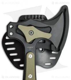 Hogue Knives 14" EX-T01 Tomahawk Axe OD Green G-10 -Knives Shop hogue knives 14in ex t01 tomahawk axe od green 35778 ex t01 BHQ 37157 er sheath closeup